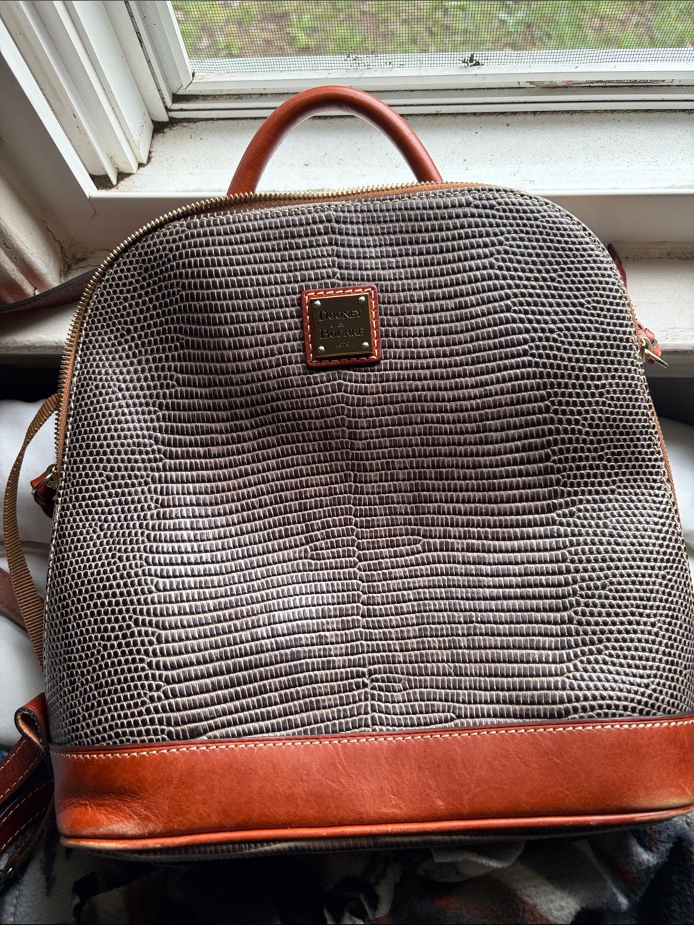 Dooney & Bourke Brown Textured Backpack with Tan Leather Trim